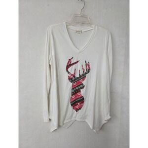 Cloth & Portrait Reindeer Graphic Top Women Large White Fair Isle Sharkbite Hem